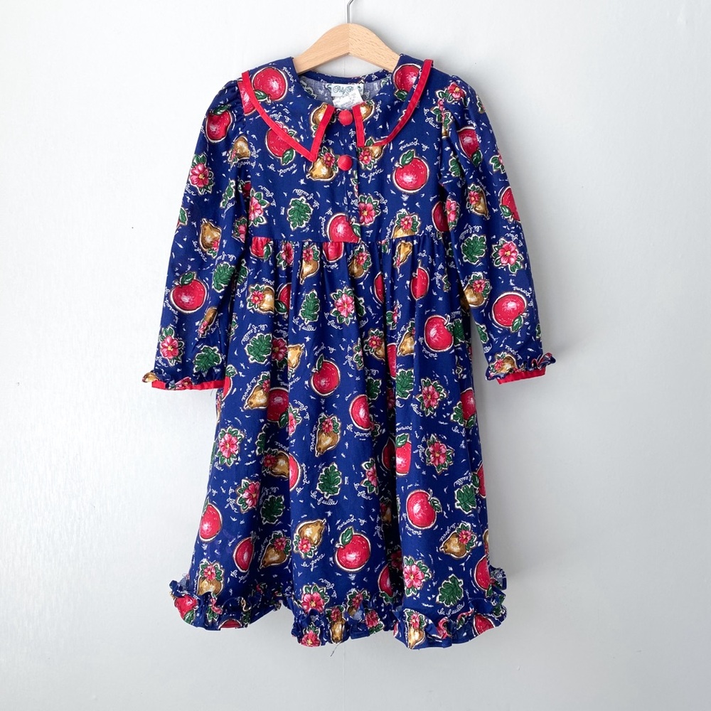 Vintage Polly Flinders Apple Floral Print Long Sleeve Collared Dress 5